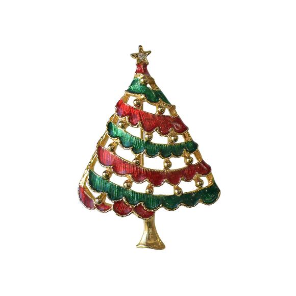 1960s Gold Plate Red & Green Enamel Stylized Christmas Tree Pin Brooch - Picture 1 of 3